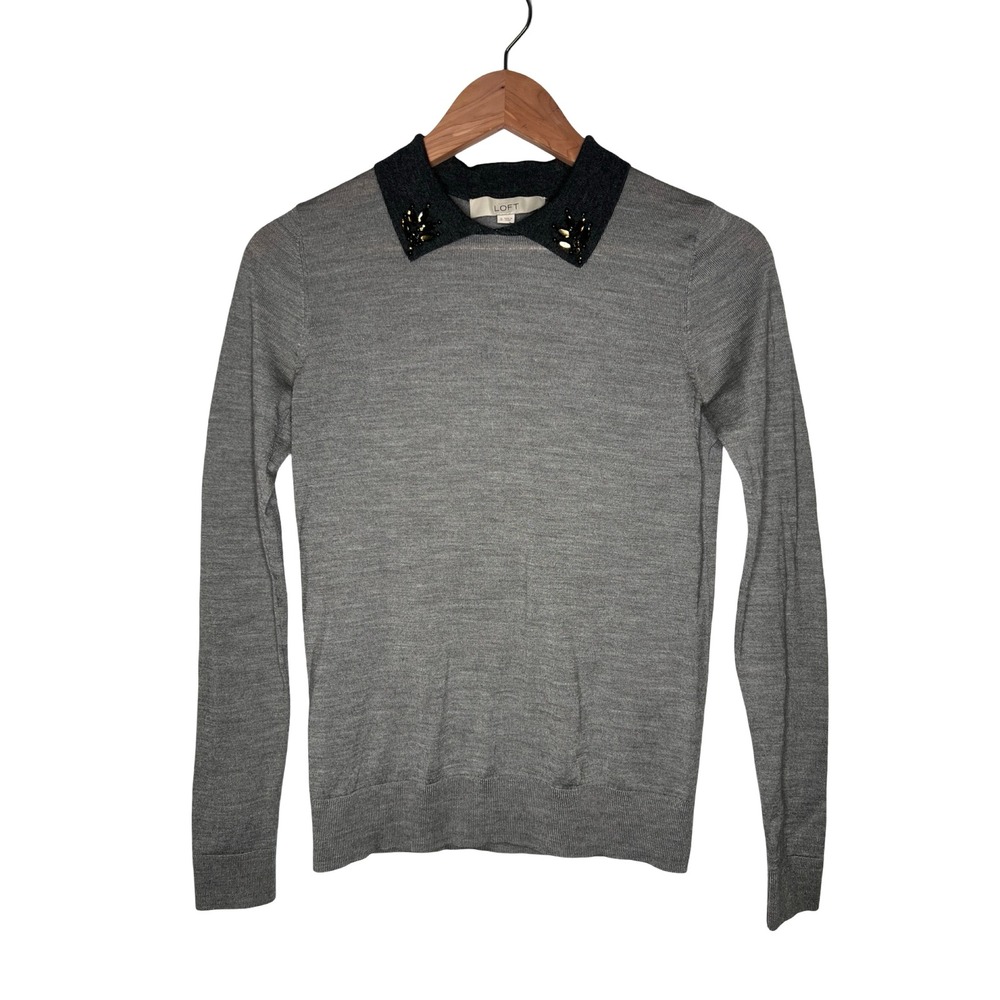 LOFT Gray Wool Knit Embellished Collar S Long Sleeve Office Preppy Chic Career